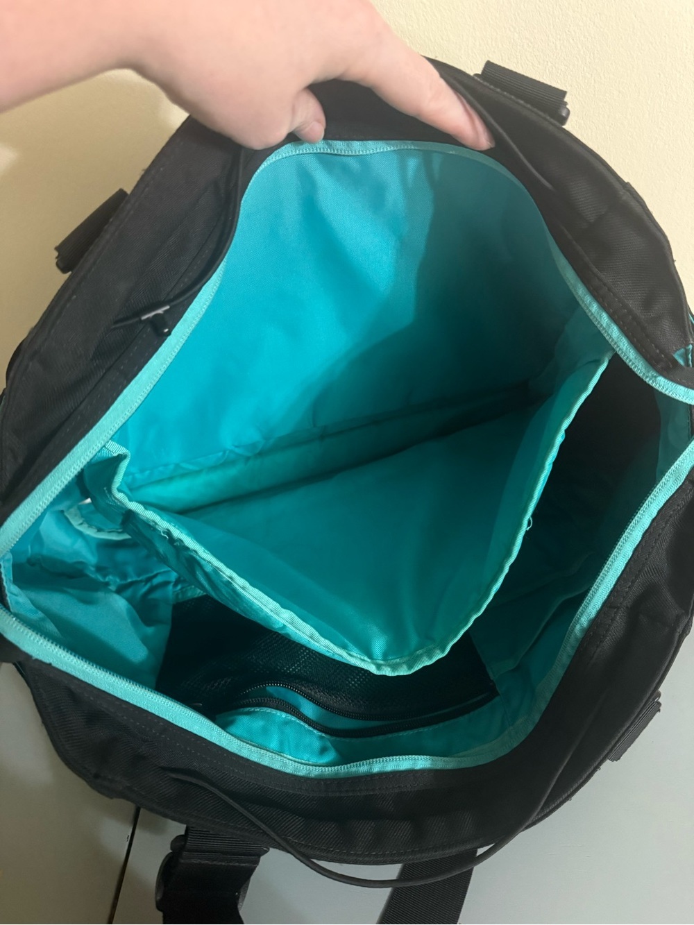 THE North Face Tote Backpack Duffle Black Blue Bag 17.5” W 10” L - Picture 5 of 6